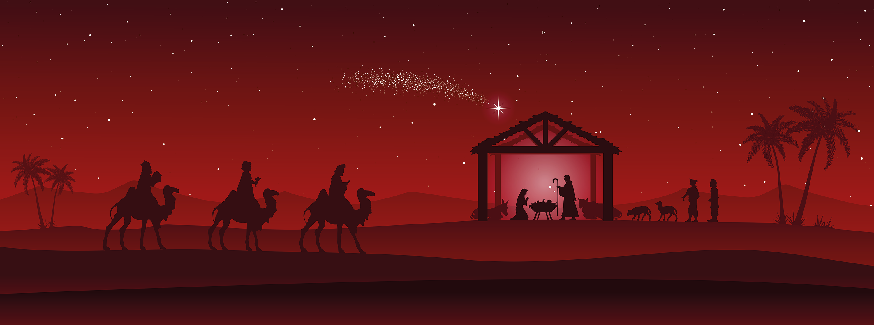 Siluetter av den heliga familjen och tre vise män till kamel.