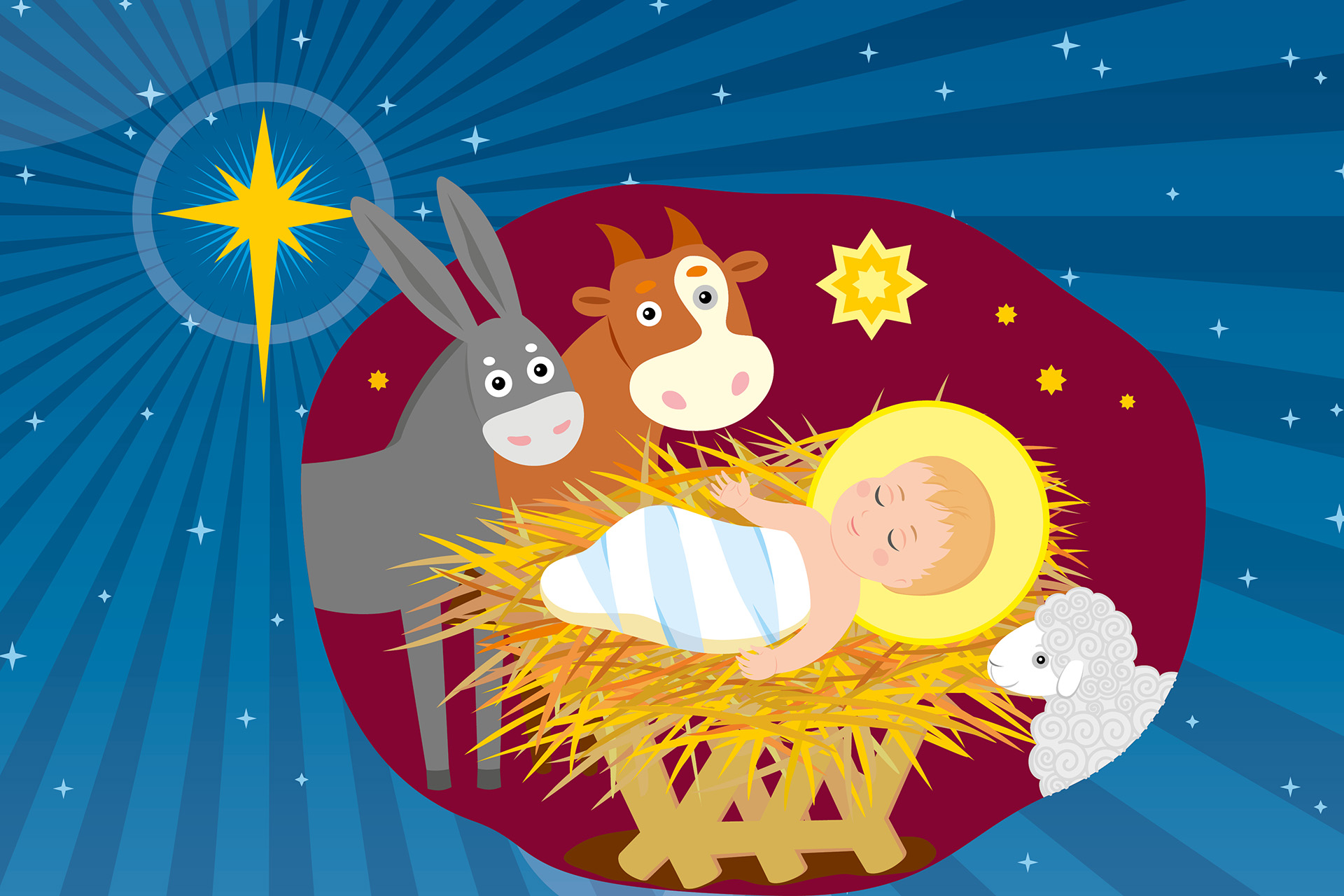 Jesus i krubban omgiven av åsna och ett lamm