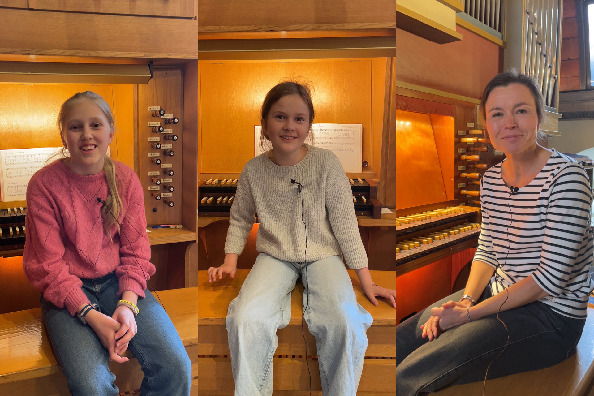 Tre personer i olika åldrar sitter vid en orgel. 