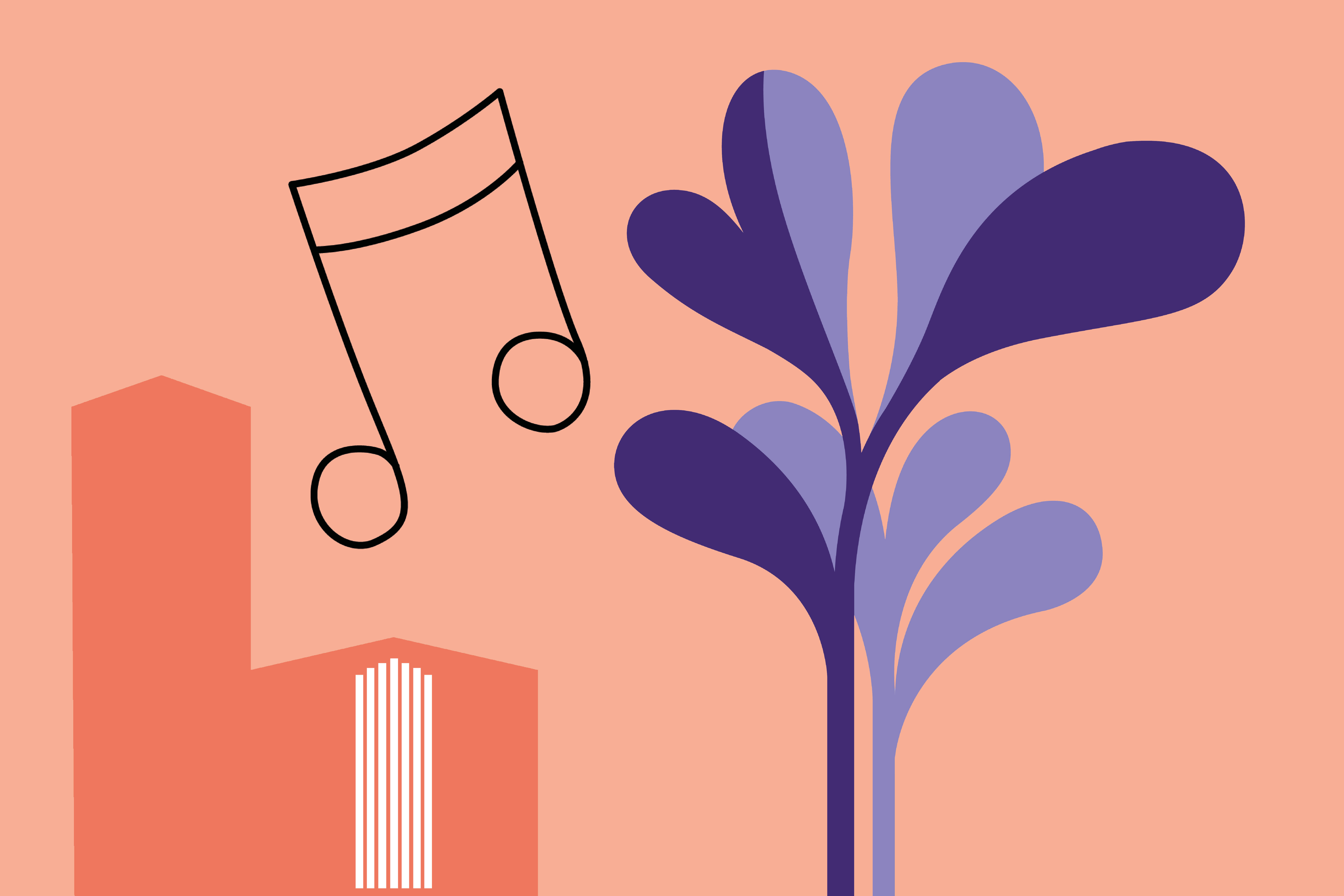 Illustration av en kyrka, noter och en planta.