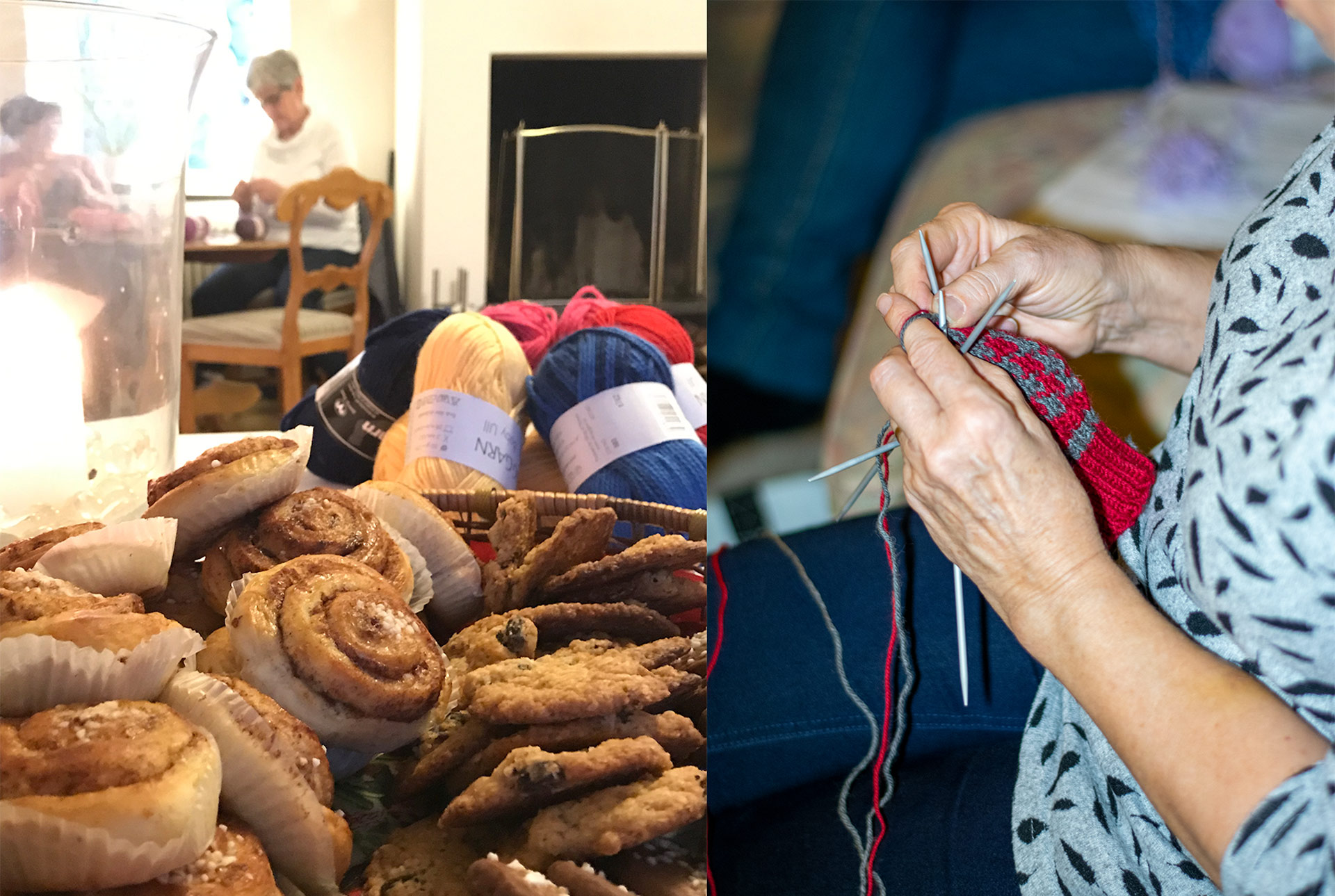 Ett bord med bull- och kakfat i förgrunden, i bakgrunden två stickande damer. Infälld bild till höger med ett par händer som stickar.