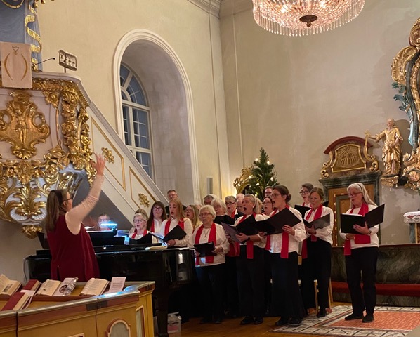 En kör med damer och herrar står i ett kor framme i  en kyrka.