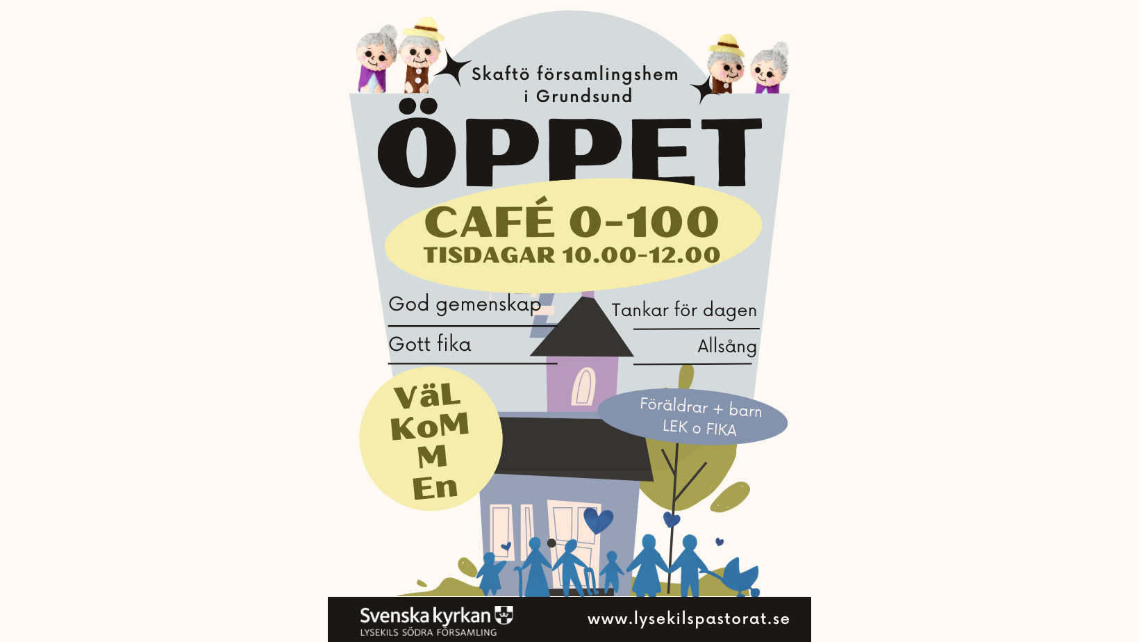 Teckand bild, människor i olika åldrar som dras till en dörr