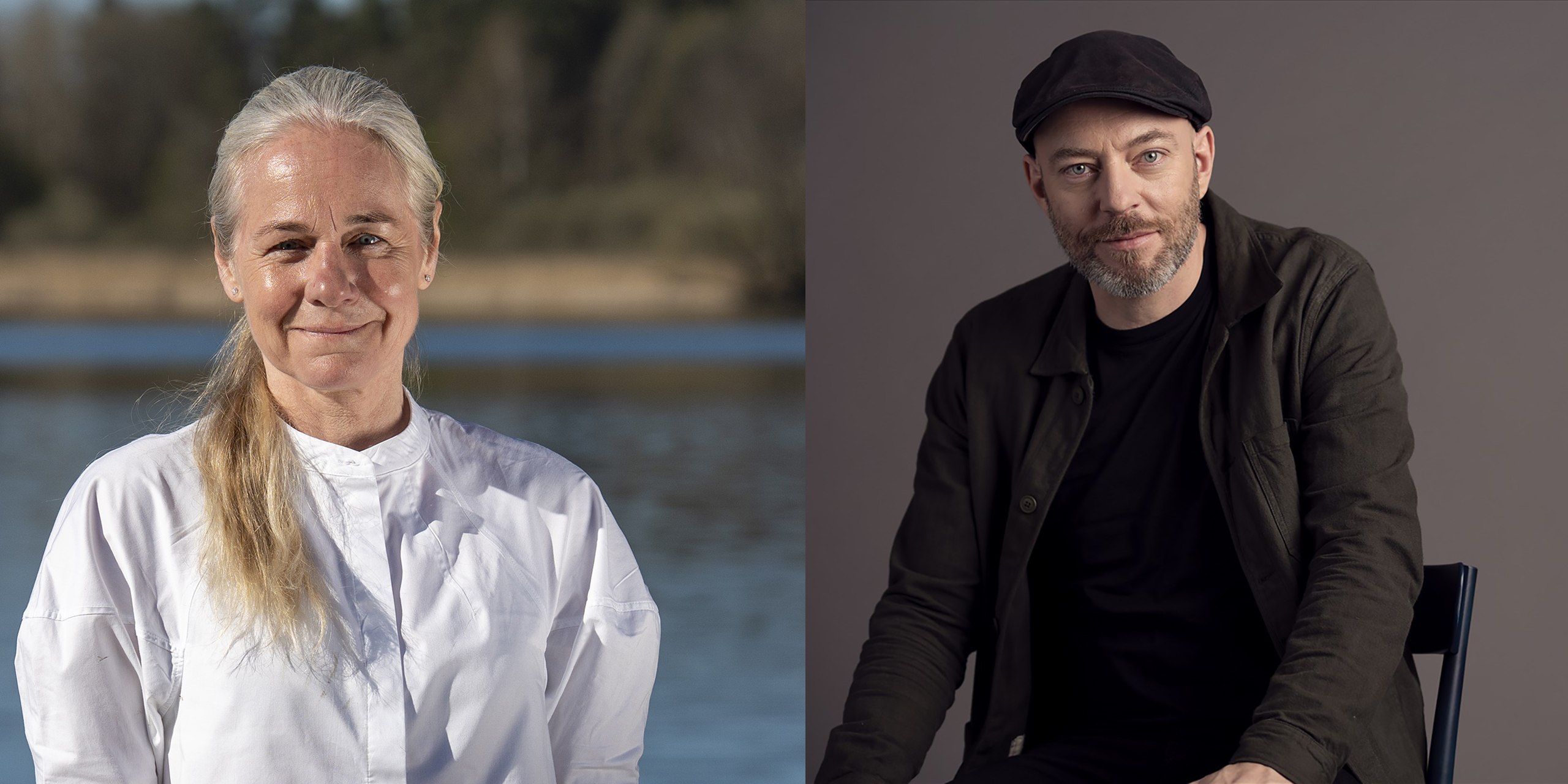 Porträtt på kvinna utomhus i starkt solljus och porträtt på man i svarta kläder i studio