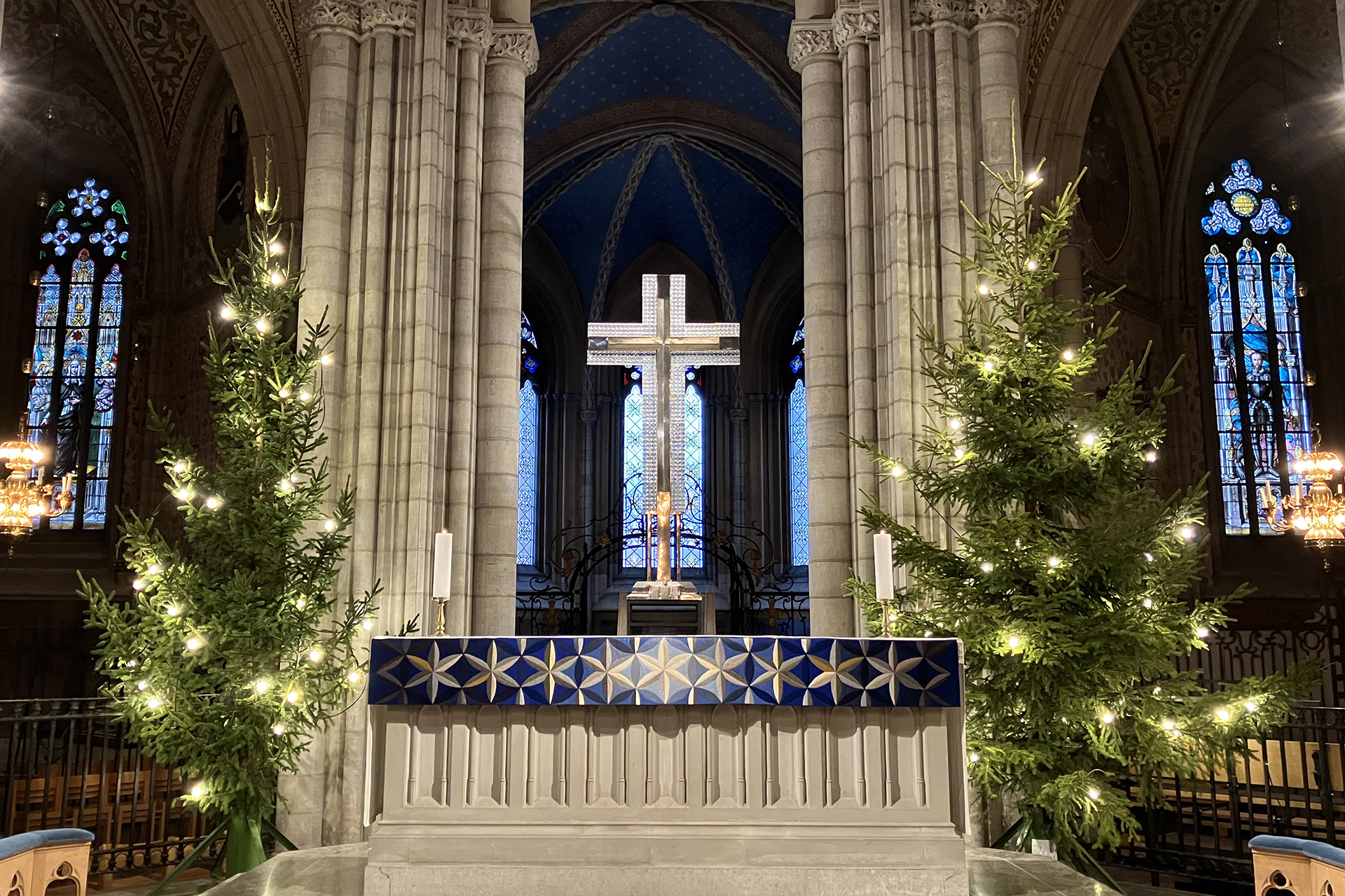 Uppsala domkyrkas kristallkors strålar över högaltaret, omgiven av två gröna och belysta julgranar.