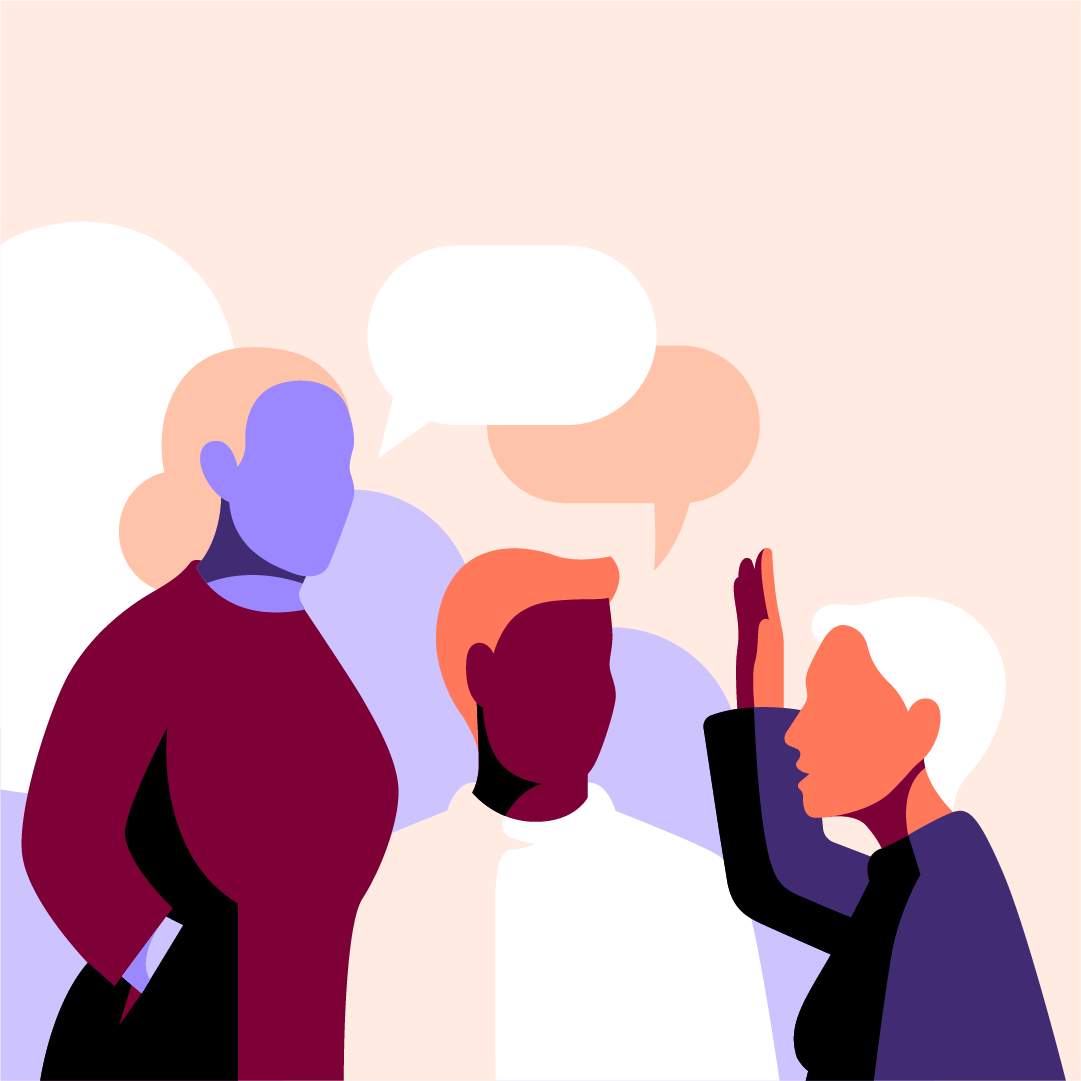 Illustration på tre figurer i grupp som ser ut att konversera. Den ena räcker upp handen. 