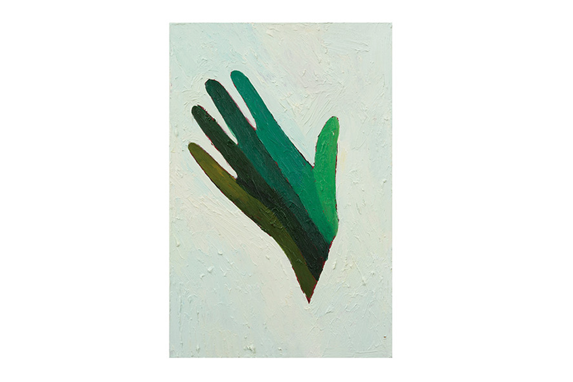 En målning med en hand i olika gröna nyanser på vit botten.