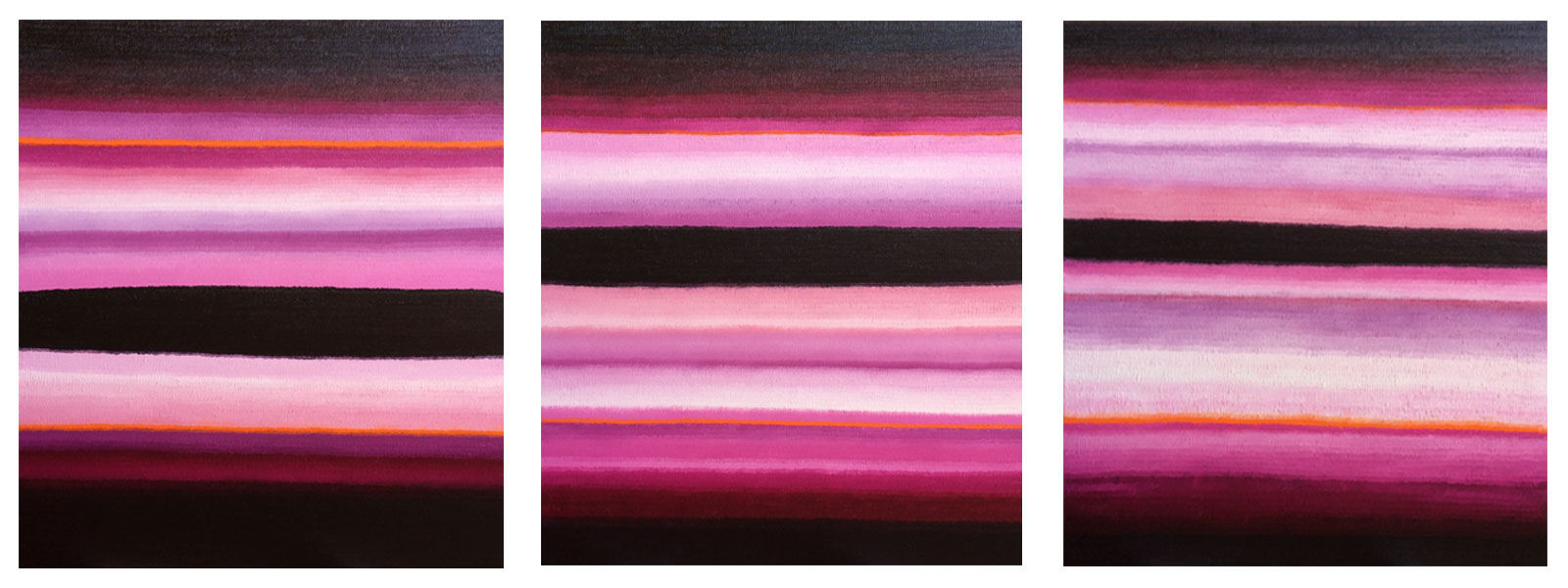 Konstverk i tre delar i svart,rosa, rött och orange.