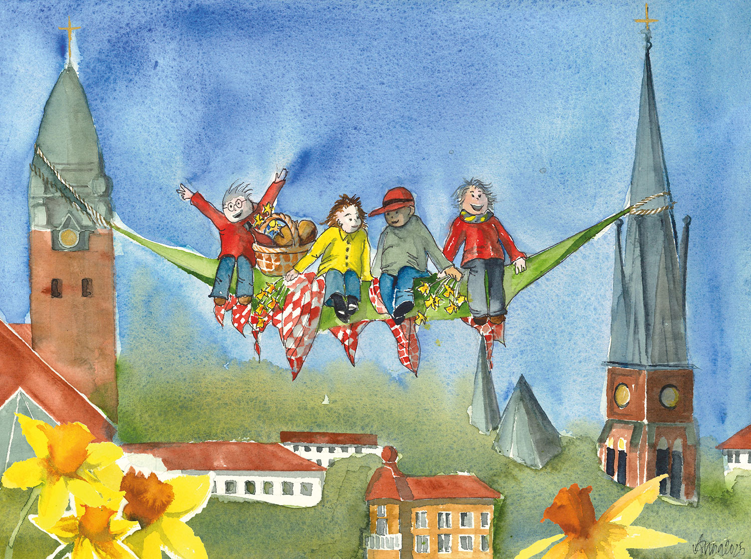 Akvarell med barn som sitter i hängmatta som hänger mellan Masthuggskyrkans och Oscar Fredriks kyrkas torn. 