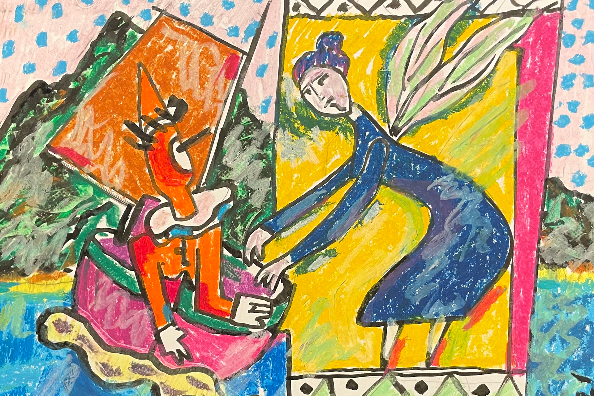 Konstverk målat med oljekritor. En ängel hjälper Pinocchio ur en båt.