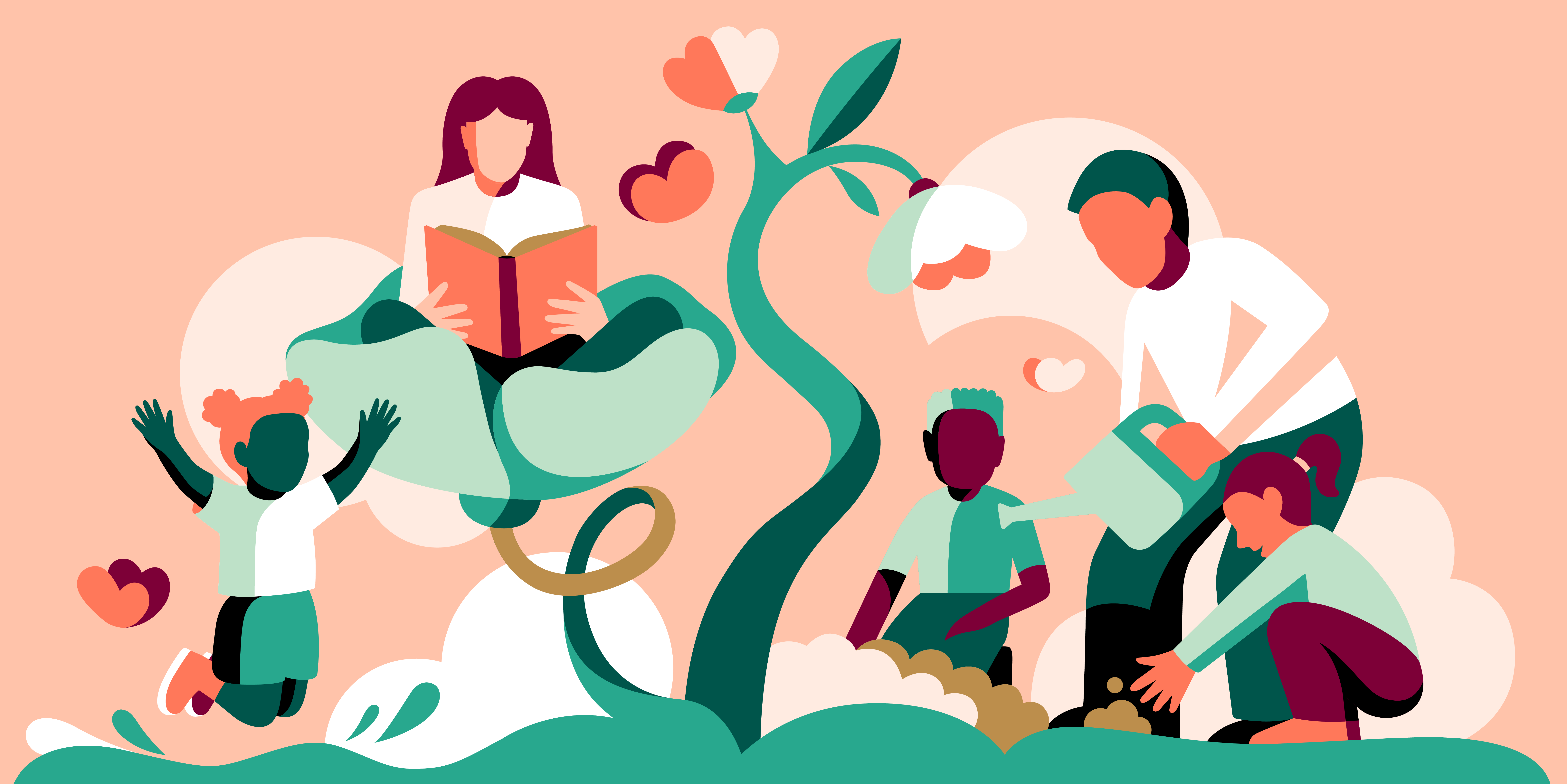 Illustration från den grafiska identiteten, med ett barn som hoppar med händer uppsträckta, en person som sitter i en blomma och läser en bok, samt två barn som hjälper en vuxen person att plantera.