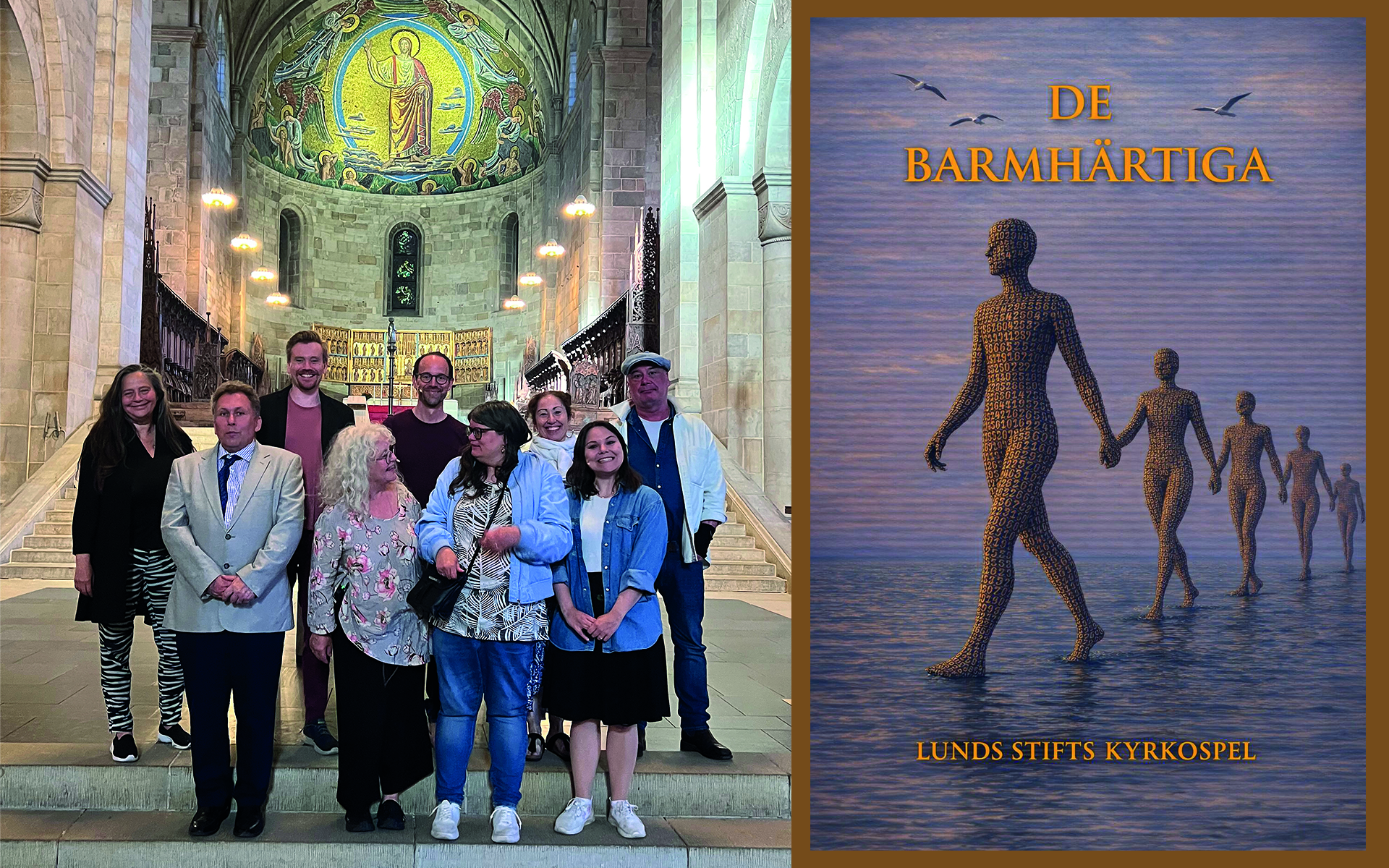 De medverkande i Lunds stifts kyrkospel står i Lunds domkyrka. Till höger syns affischen för spelet "De barmhärtiga".