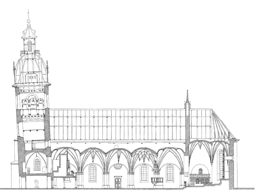 Skiss över kyrkan med sitt lutande torn