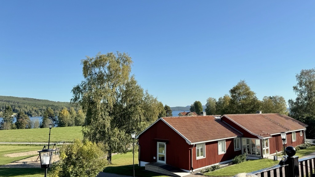 Ett grönt landskap med röda stugor.