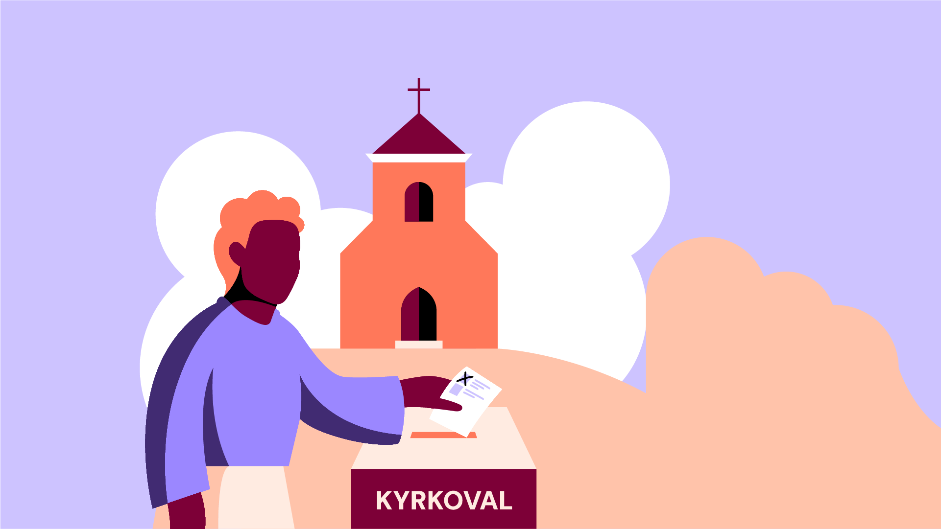 Illustration av person som röstar framför en kyrka. 