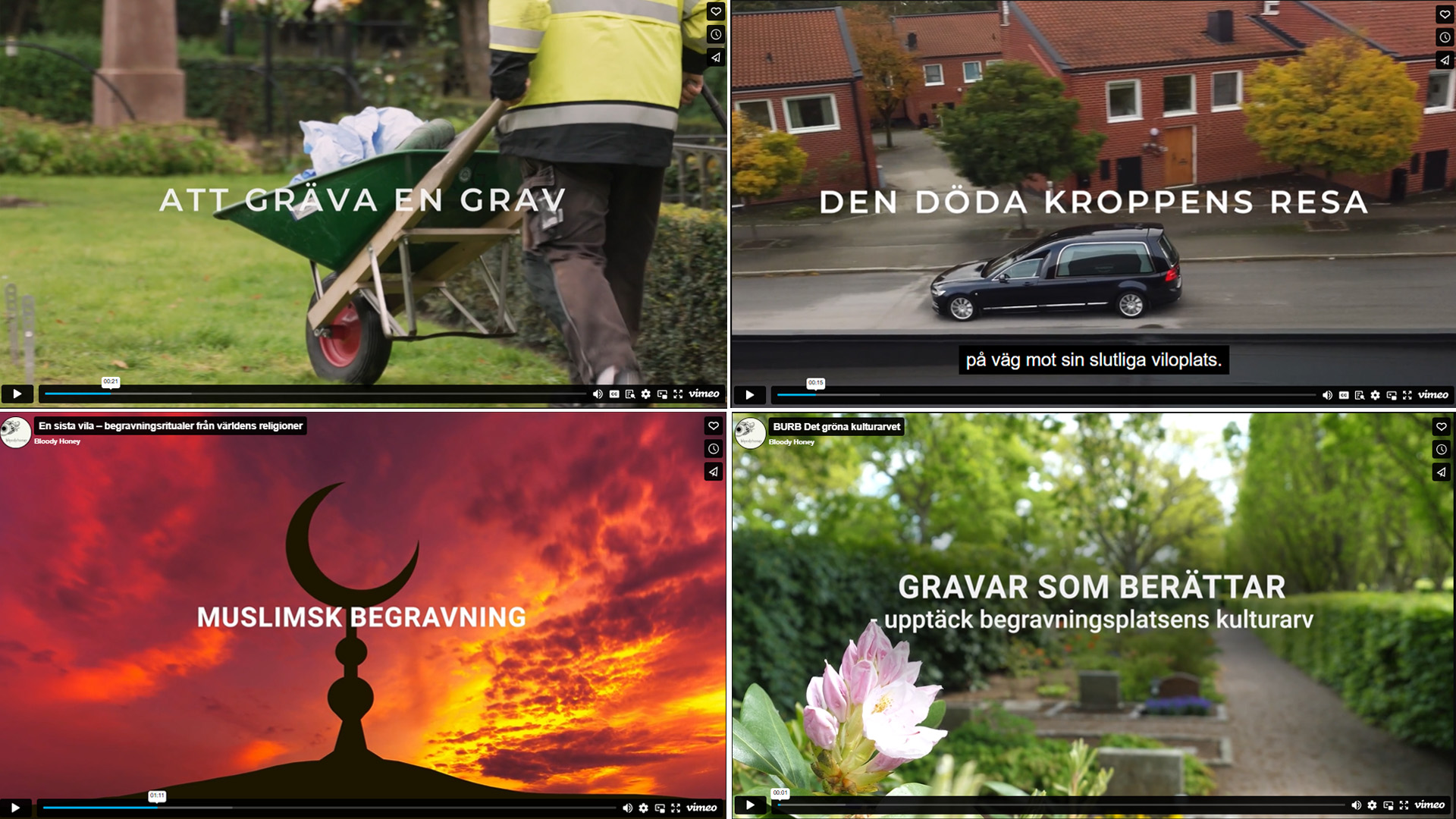 Collage med skärmklippsbilder från olika filmer om begravningsverksamhet.