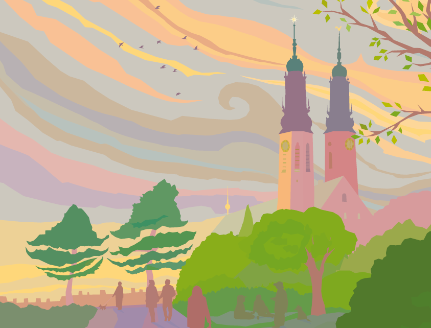 Illustration av Högalidskyrkan med två torn. Skir grönska i parken runtomkring. 