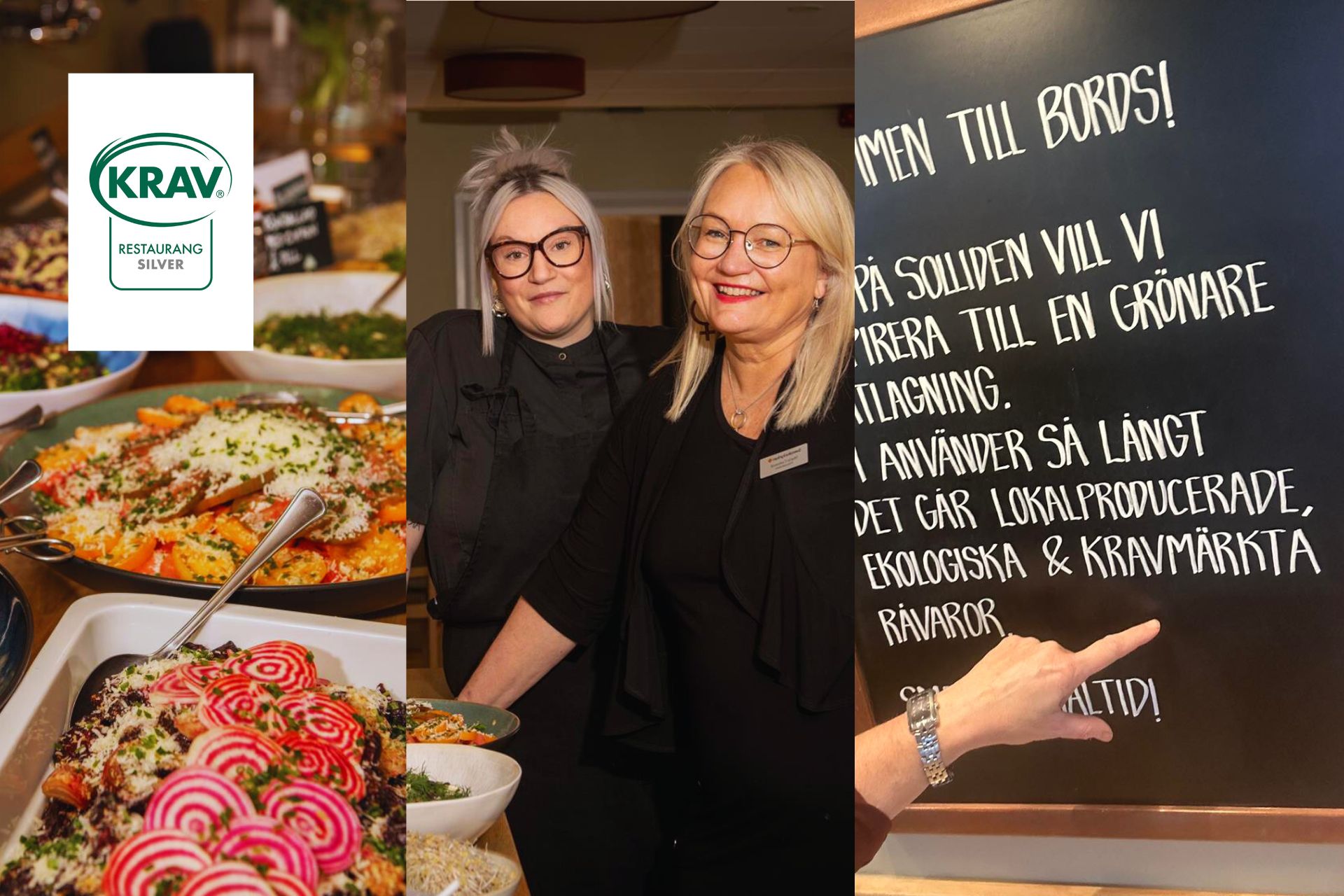 Bild kollage med tre bilder, två personer i mitten och till höger en griffeltavla md text om hållbar matlagning. Till vänster färgstarka rätter och KRAV-logotyp.