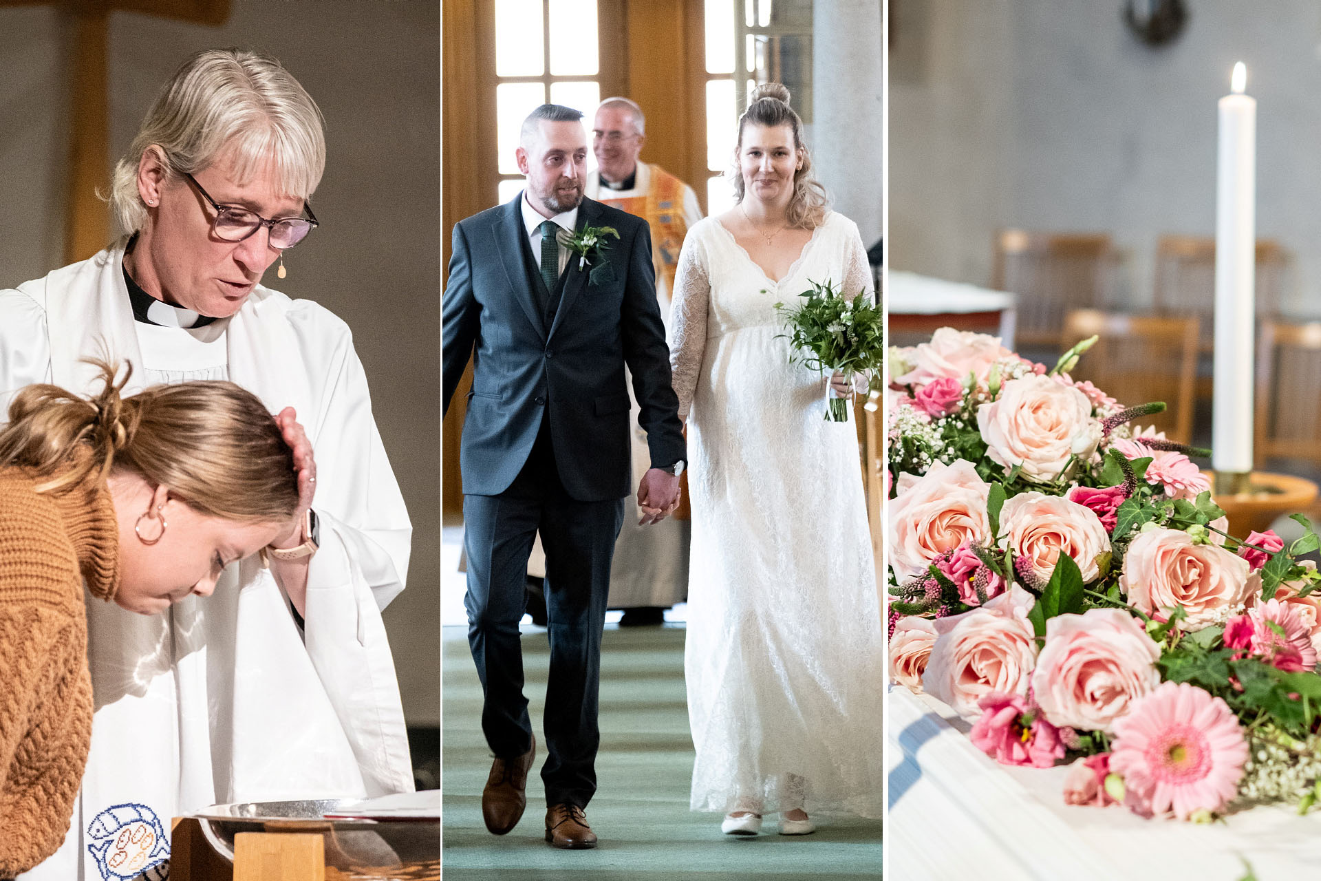 En tredelad bild: En präst döper en tonårsflicka. Ett brudpar. En kista med blomdekoration.