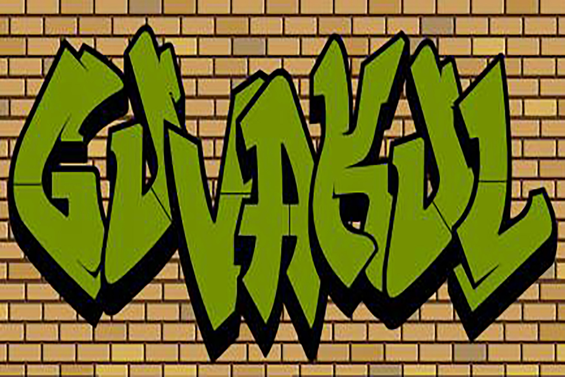 Tecknad illustration. På en tegelvägg står det Gu va kul, i graffiti-stil.