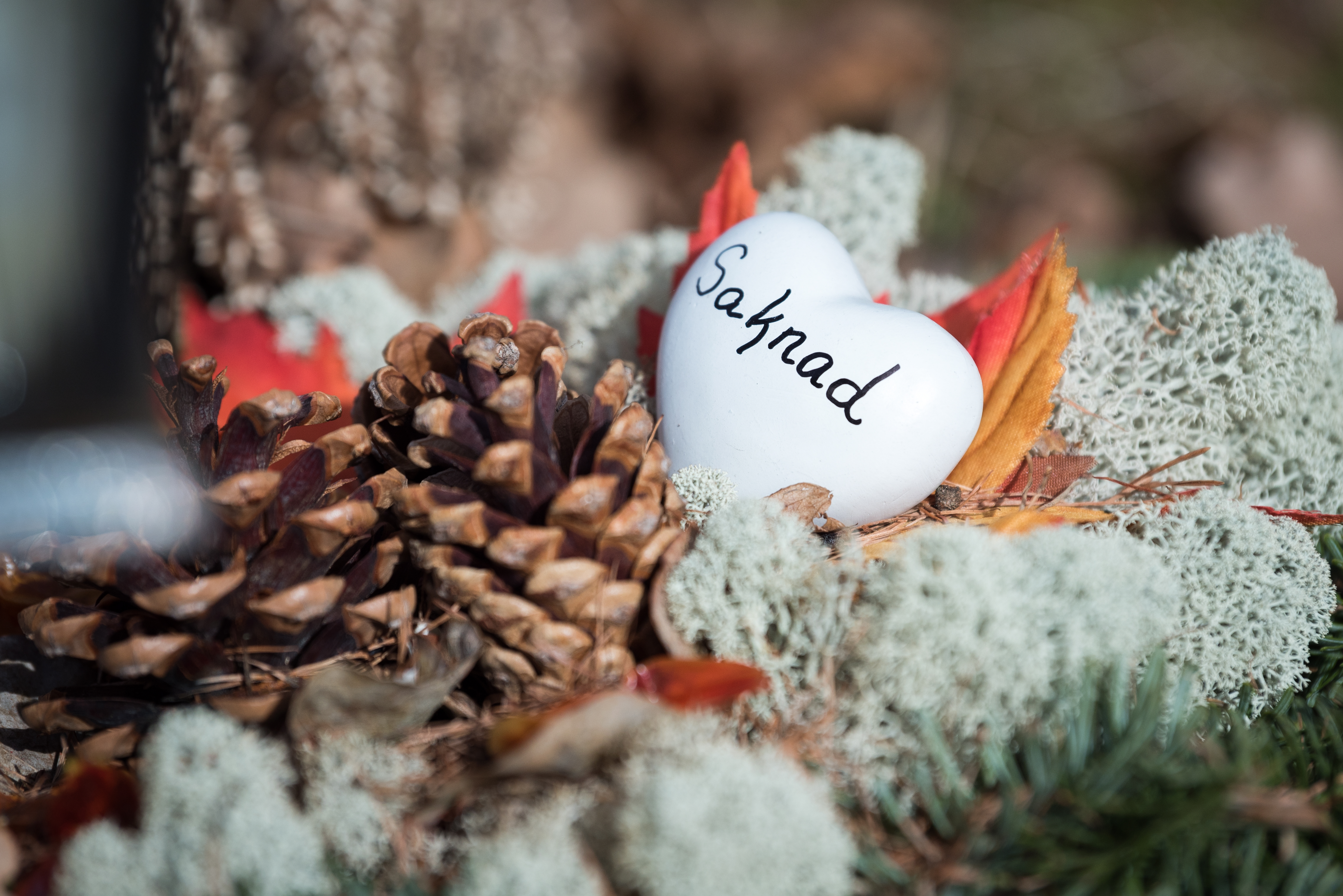 Närbild på ett litet hjärta med texten Saknad som ligger på en gravkrans.