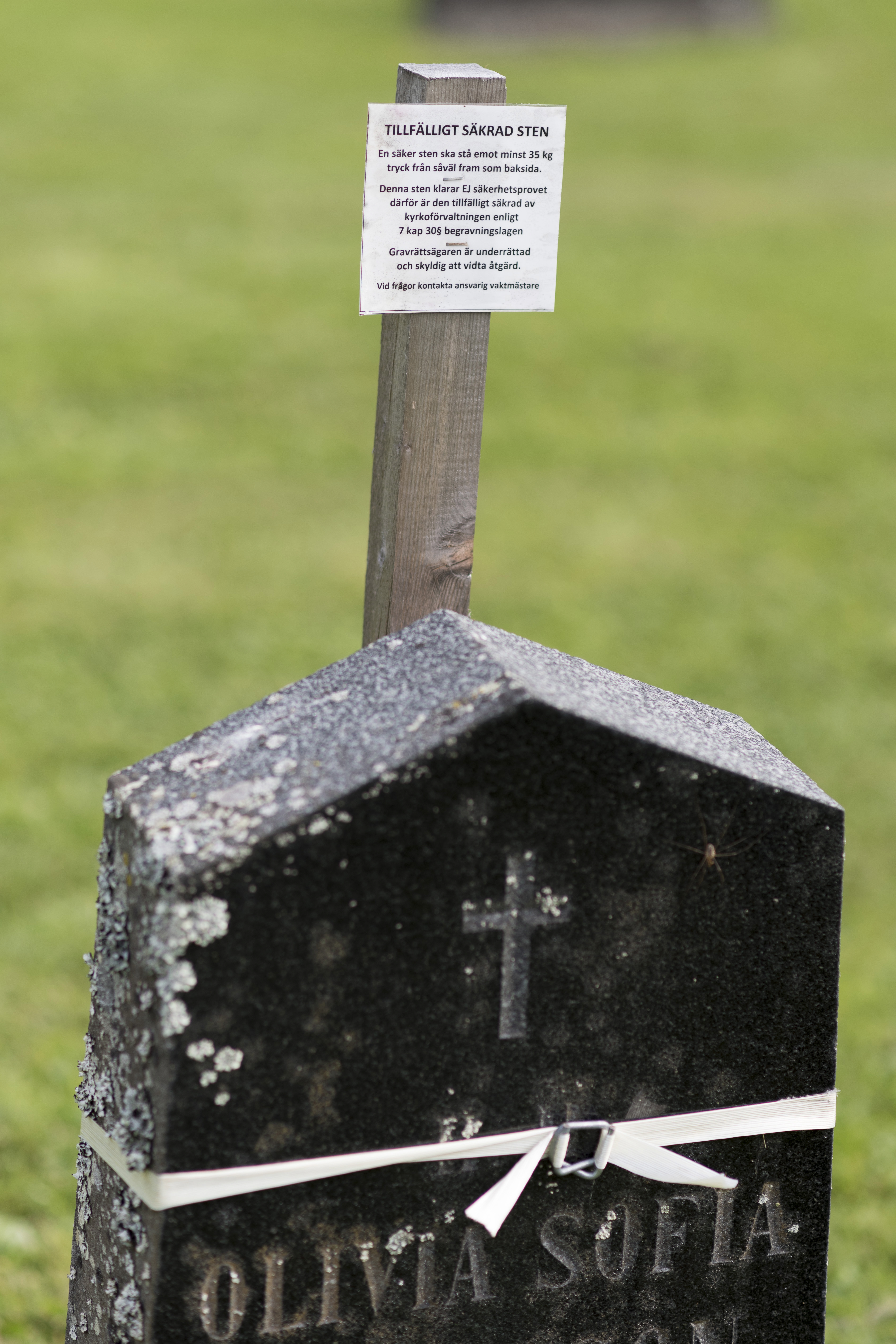 En ostadig gravsten står lutad mot en trästolpe.