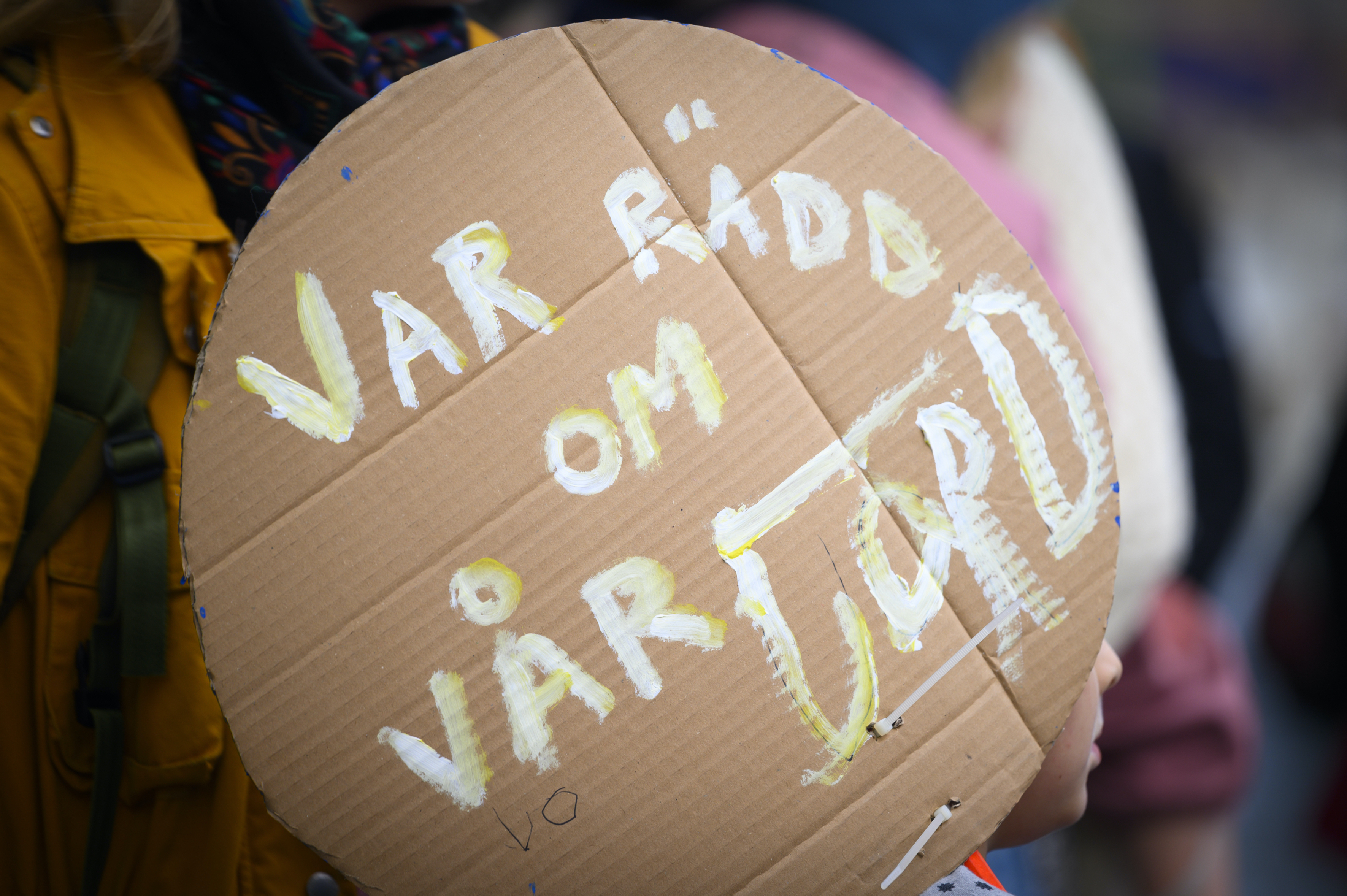 Ett hemmagjort plakat av kartong med texten Var rädd om vår jord.