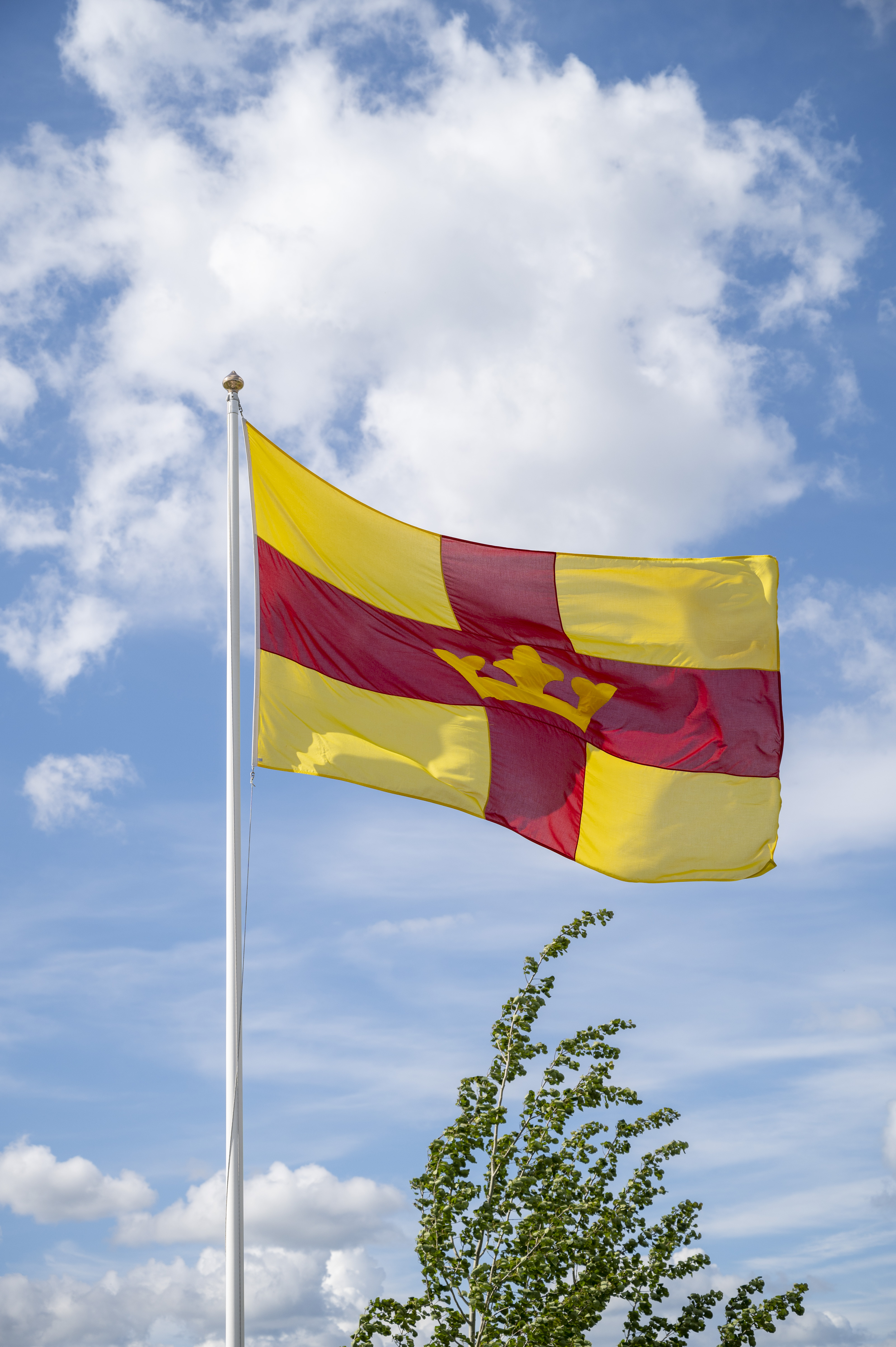 En flaggstång med Svenska kyrkans flagga mot en blå himmel.