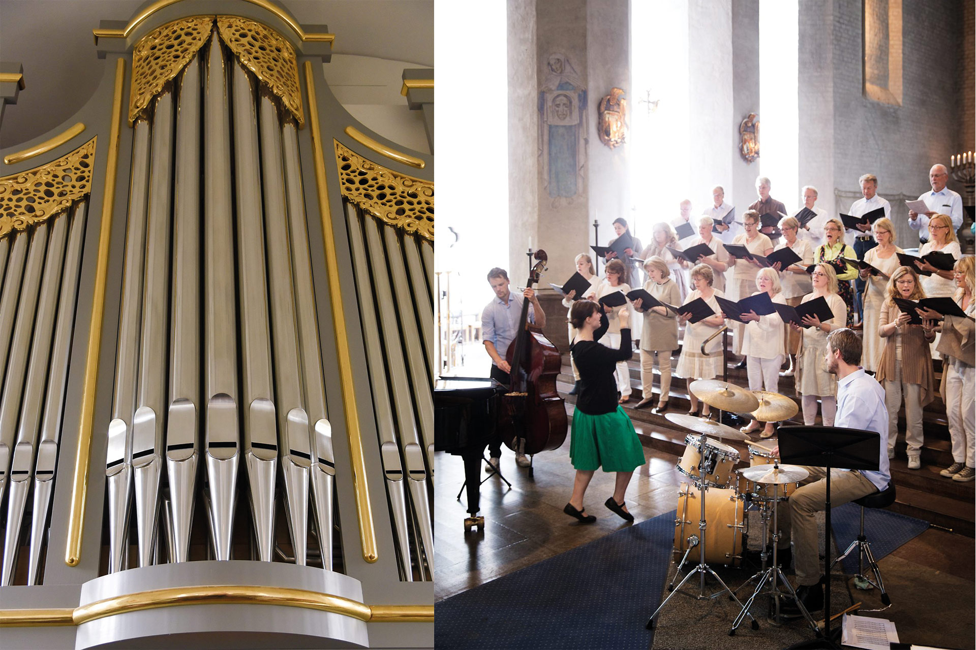 Ett kollage bestående av två bilder. En del av en orgelfasad samt en kör och framför dem musiker och dirigent