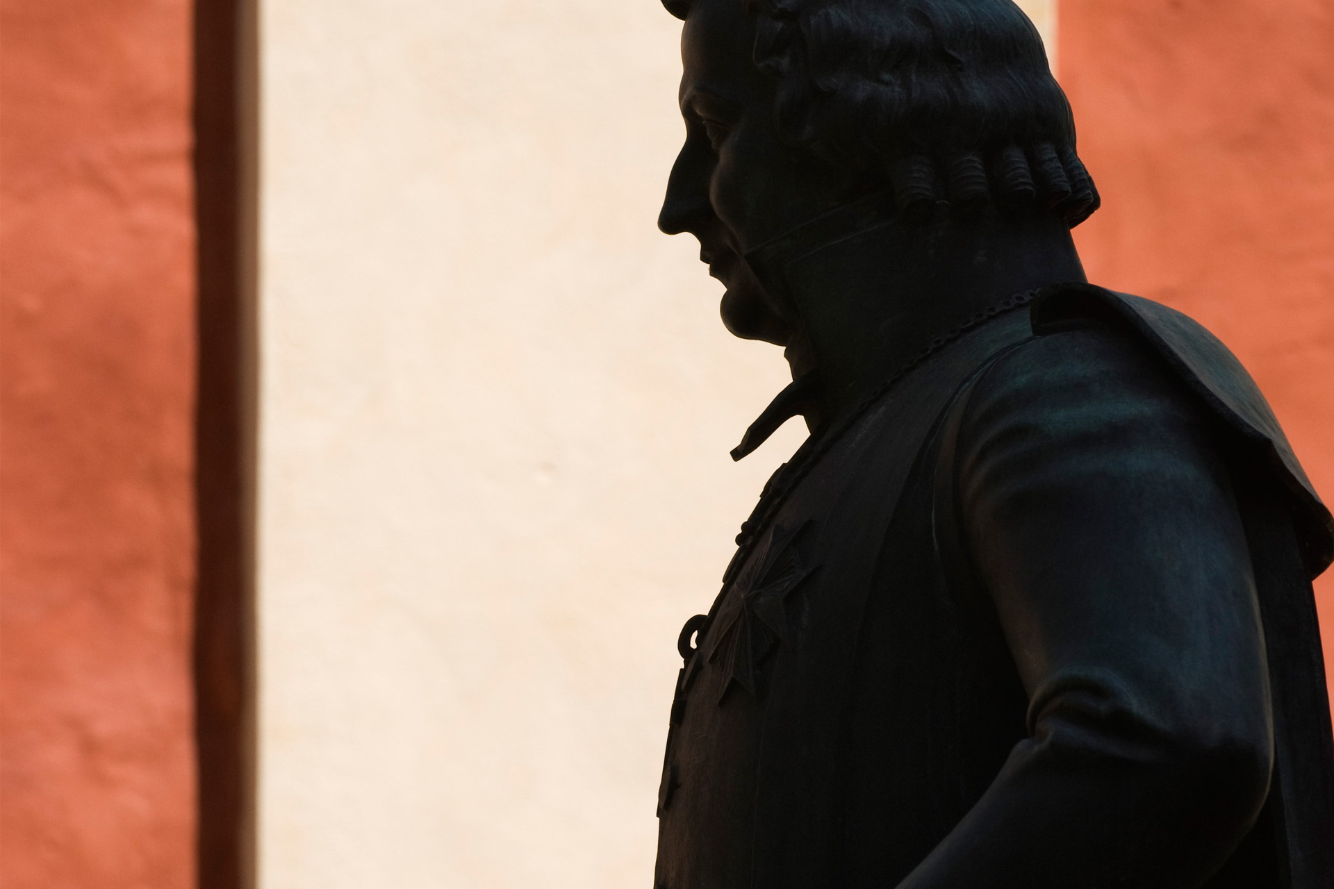 Profilbild på Esaias Tegnérstatyn utanför Växjö domkyrka. 