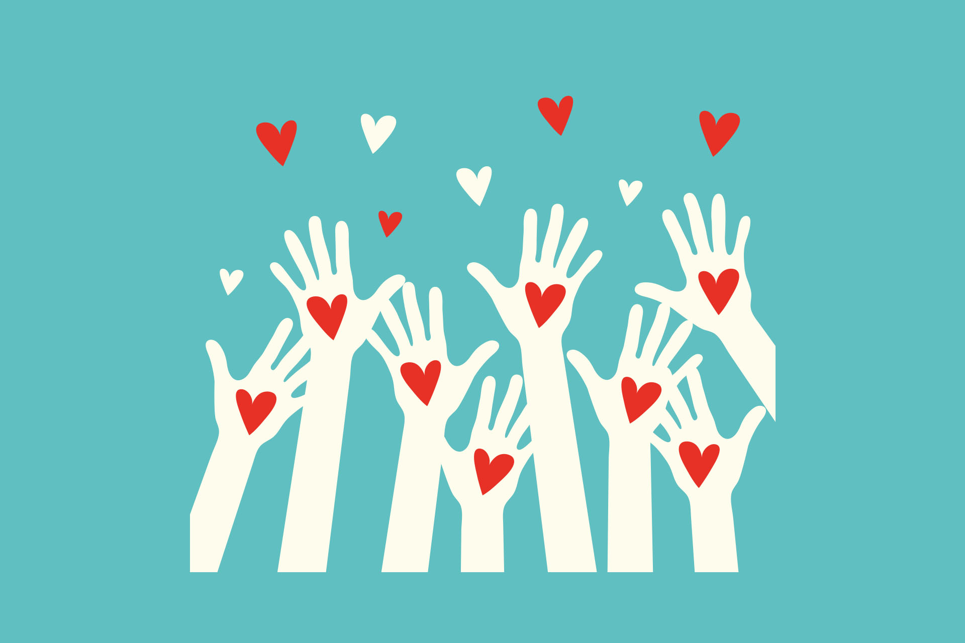 uppåtsträckta händer fyllda med hjärtan. Symbol för givande.